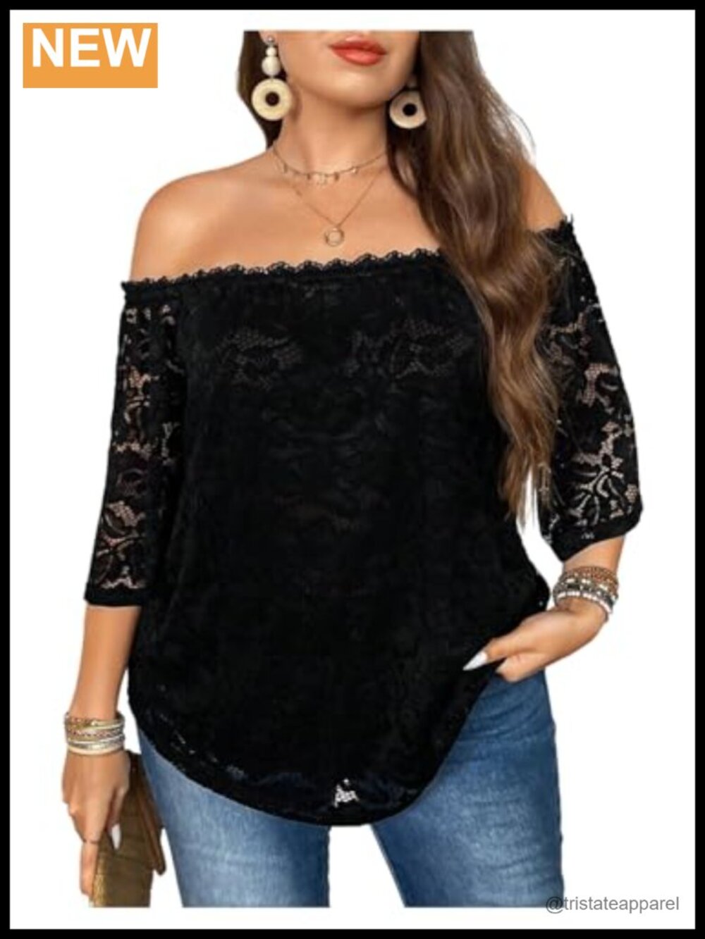 Plus Size Off Shoulder Lace Tunic Top 3/4 Sleeve Blouse Dressy Casual